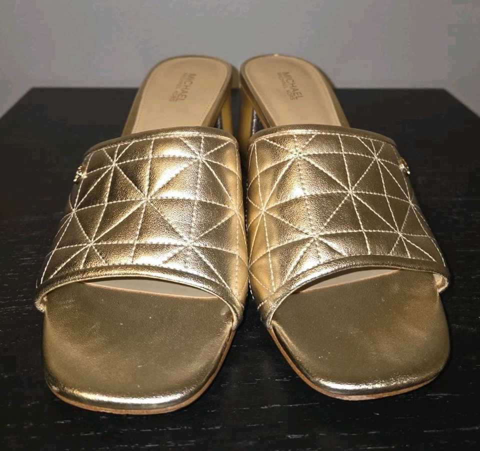 Womens Michael Kors Quilted Metallic Gold Chunky High Heel Slip On Sandals 8.5 - Image 4 of 4