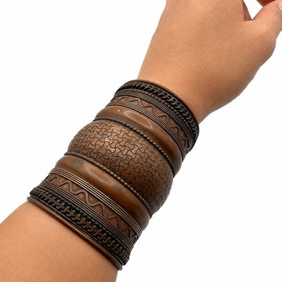 Vintage Mixed Metal Wide Cuff Bracelet Etched Boho Tribal Statement Bangle