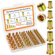 105 Metric Rivet Nut Kit Steel SAE M3 M4 M5 M6 M8 and Flat Head Rivnut Threaded.