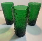 Vintage Anchor Hocking Forest Green Textured Water Glasses 3 Pc Mint