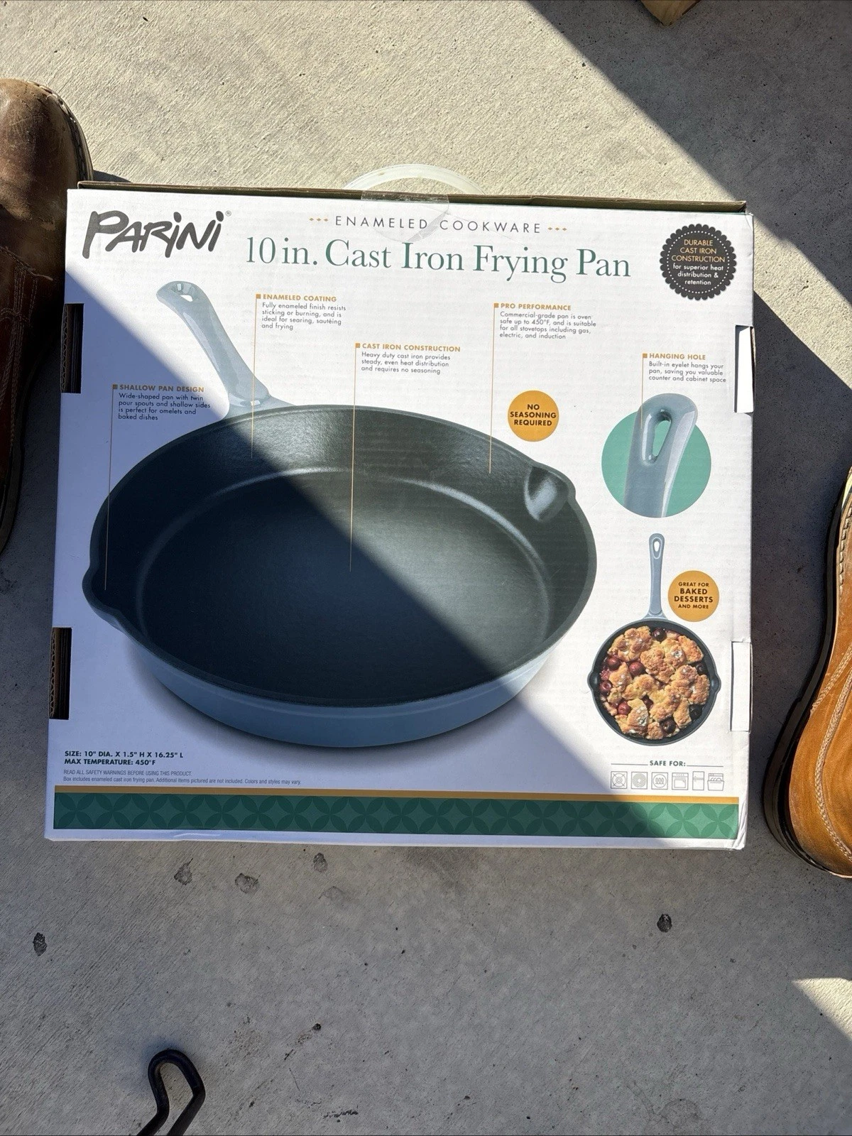 1# NEW Parini 10" Cast Iron Frying Pan, Enameled, shallow pan, hanging,