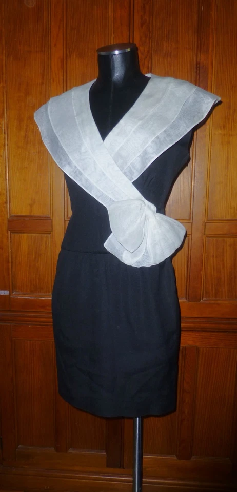 Vestido Negro De Colección Años 80 Avant Garde NIPON BOUTIQUE Cóctel Fiesta Capa Cuello Lazo 4 Foto 2 de 4