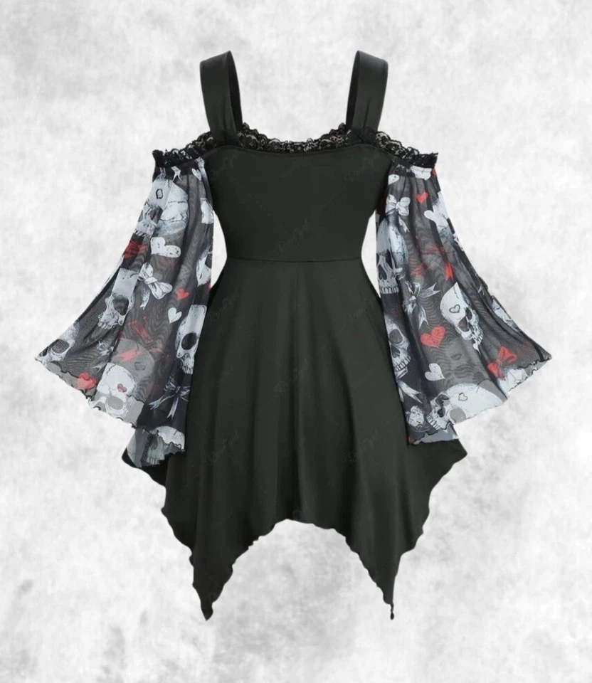 New Black Gothic Skull Corset Flared Sleeve Halloween Blouse size 2XL 20 22 24 - Image 2 of 4