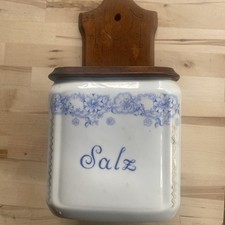 Vintage  Beyer & Bock - Ceramic Wall Mount Kitchen Salt Box Container With Lid