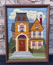 Creative Circle 1981 Framed Townhouse Persian Wool Yarn Crewel Embroidery 13x17