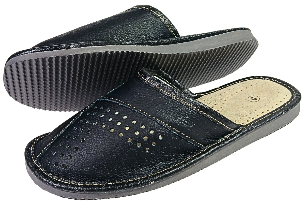 Herren Büffelleder Hausschuhe Schwarz Pantoffeln Latschen Gummisohle Gr. 41-47