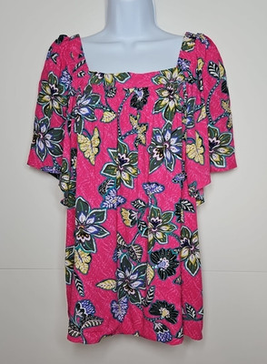 LOFT Womens Pink Floral Square Neck Flutter Sleeve Blouse Size Large NWT