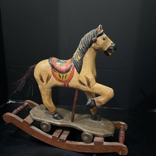 Vintage wooden decorative rocking horse on wheels hand carved  painted