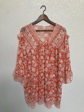 Womens sz L Orange boho sheer cover up dress floral ruffle bell sleeve tropical