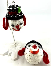 Push Pin Beaded Snowman Heads Sequin Satin Christmas Tree Ornaments Lot of 2 Vtg
