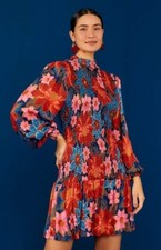 FARM RIO Floral Red Multi Mixed Flower Prints Smocked Mini Dress XS $221