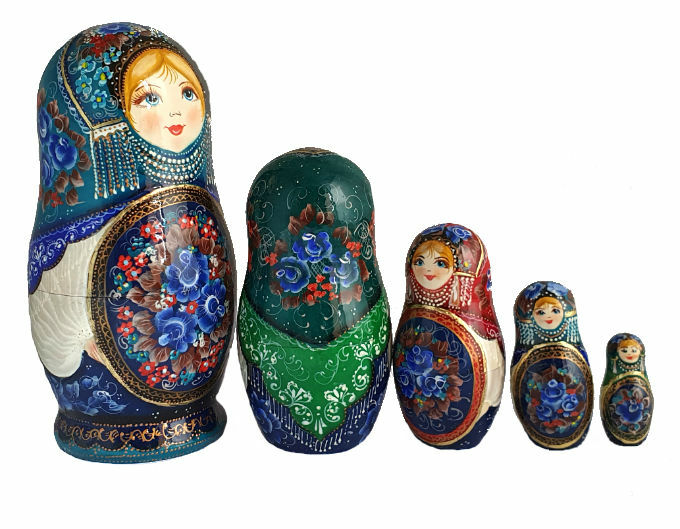 Série de 9 poupées russes matriochkas bleu vintage