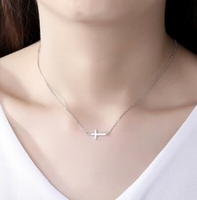Small Plain  Simple Cross Pendant 18" Necklace in SOLID 925 Sterling Silver