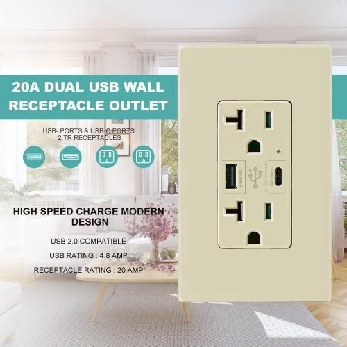 10Pack 4.8A USB C Outlet PD 24W 125 Volt, 20 Amp Tamper-Resistant Outlet 
