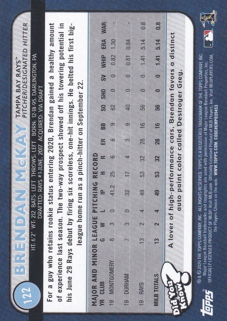 2020 TOPPS BIG LEAGUE RC BRENDAN MCKAY TAMPA BAY RAYS ROOKIE