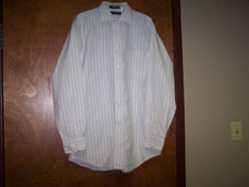 KENNETH ROBERTS PLATINUM Blue Tan Stripes on White Dress Shirt Sz 16 34/35 EUC
