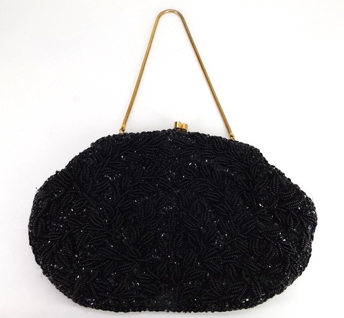 WALBORG BEADED & SEQUIN PURSE/HAND BAG W/KISS LOCK CLOSURE BLACK HONG KONG 1960s - 第 3/8 張圖片