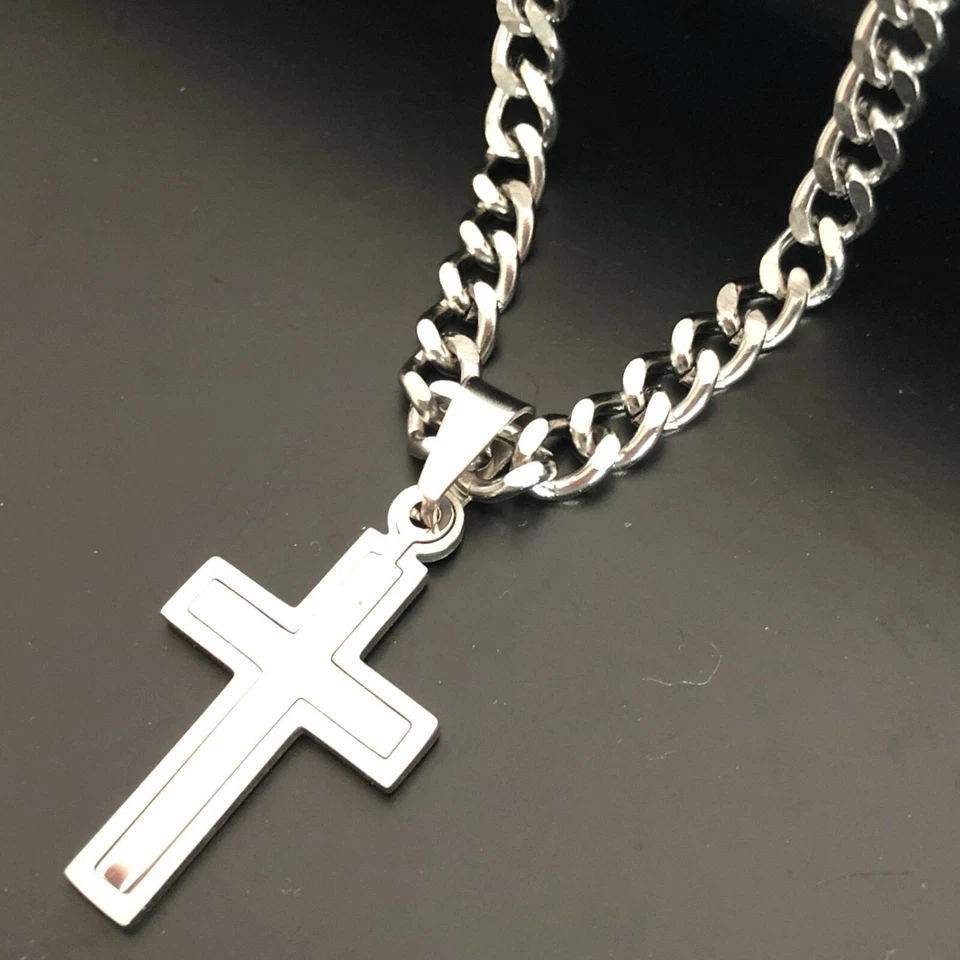 Collana con croce in acciaio inox da uomo catena rosario crocifisso 70 cm rapper - Immagine 4 di 4