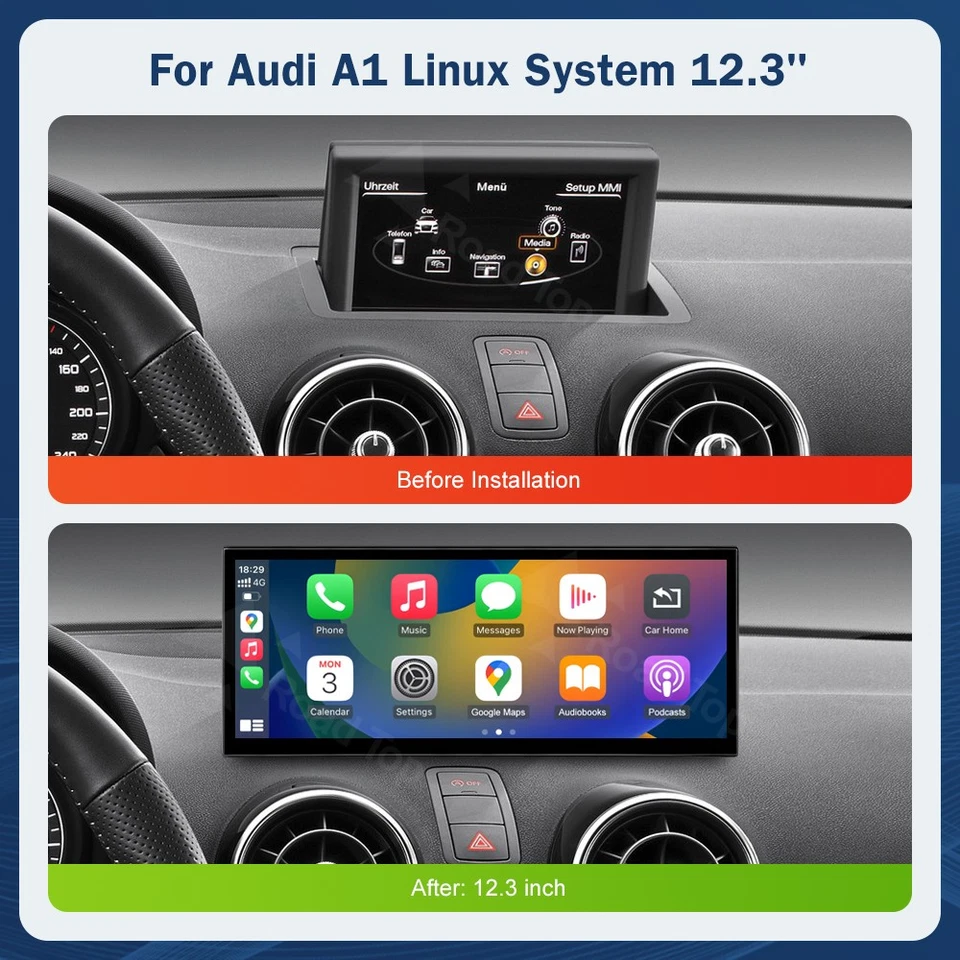 Radio de coche inalámbrica Carplay de 12,3" pantalla táctil ultrafina para Audi A1 2012-2018 Foto 3 de 4