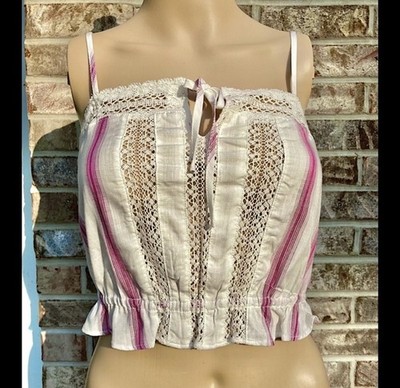 Aeropostale Coquette Cottagecore White and Pink Stripe Cotton Lace Top