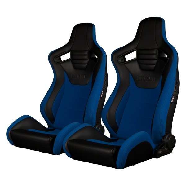 BRAUM Elite-S Series Racing Seats – Black Leatherette and Blue Fabric – Reclinin