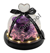 Real Preserved Purple Rose Everlasting Eternal Flower Light Valentine Gift Glass