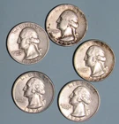Lot of (5) Pre 1964 Washington Quarters  90% Silver 45S- 52S -54S- 59D- 63D