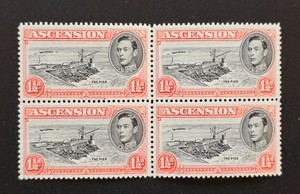 Ascension Island 1938 KGVI Stamps Sc 42. SG 40 Block of 4 Red and Black MINT NH