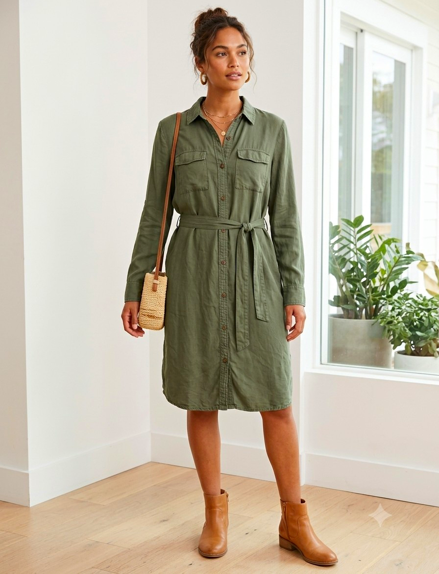 Tacera Olive Green 100% Lyocell Utility Shirt Dress Medium Roll Tab Belted