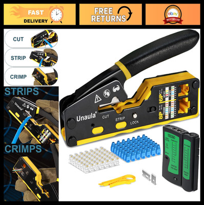 Ethernet Crimp Tool Kit - Pass Through Crimper, Cable Tester, Stripper, 50 Conne