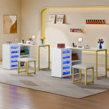 5 Drawers Nail Desk Set Cushioned Stool Corner Manicure Table with LED Light