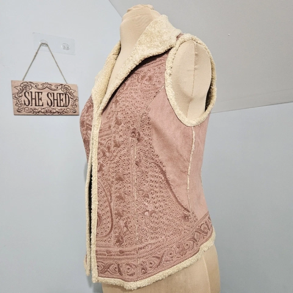 Nuevo Chaleco Dana Buchman Vintage Rosa Malva Bordado Vellón Forrado Sin Mangas 6 Foto 2 de 4