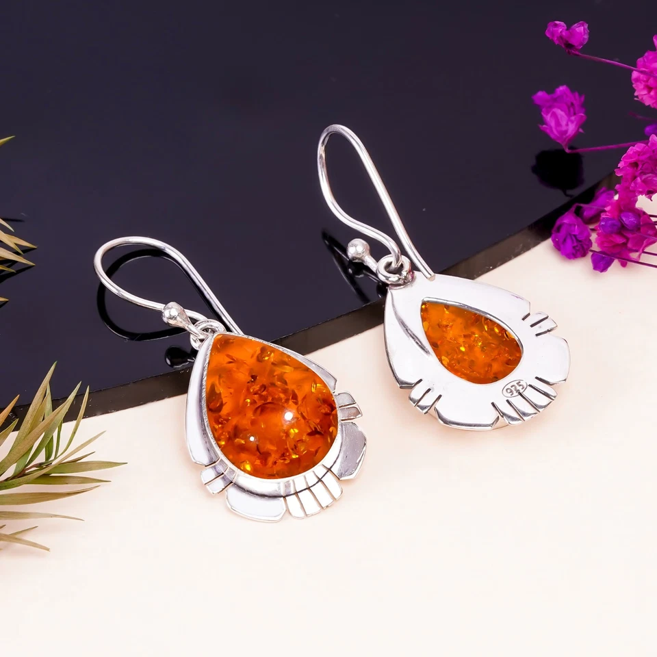 Oferta de Día de Acción de Gracias Plata Esterlina Pera Ámbar Piedras Preciosas Pendientes Nuevos Colgantes Foto 4 de 4