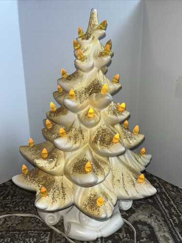 Vintage Atlantic Mold White/Gold Glitter Light Up Christmas Tree Lamp 16” - Picture 4 of 14