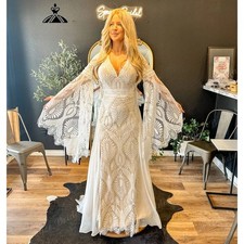Tassel V Neck Lace Boho Bohemian Flare Sleeve Wedding Dress Backless Bridal Gown