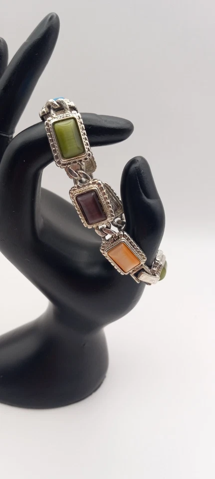 Pulsera Tenis Diseño Premier Eslabón Tono Plata con Piedras Ojo de Gato Multicolor... Foto 3 de 4