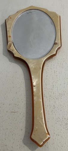 Vanity 1950’s Mother of Pearl Celluloid Beveled Hand Mirror 12x5”