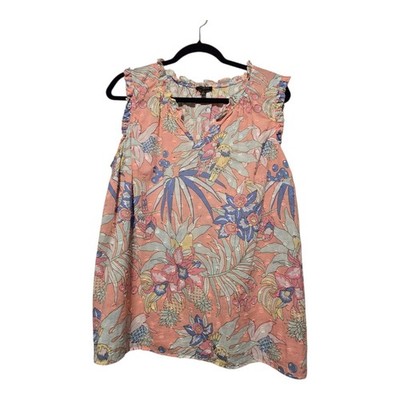 Talbot s Tropical Ruffle Sleeveless Top Parrots Women's 1X Plus Clip Dot Resort