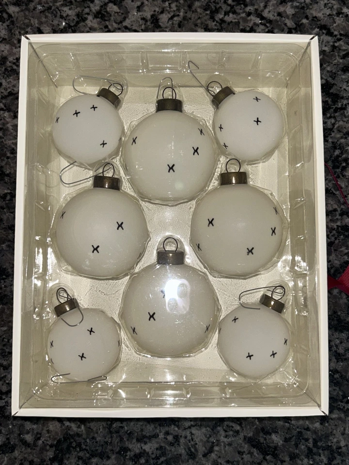 Hearth & Hand Magnolia Glass Christmas Ornaments (8) Off White Black X Stitch - Image 3 of 4
