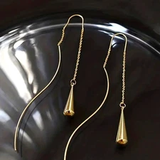 Elegant Gold Plated Long Droplet Threader Earrings Gold Tone