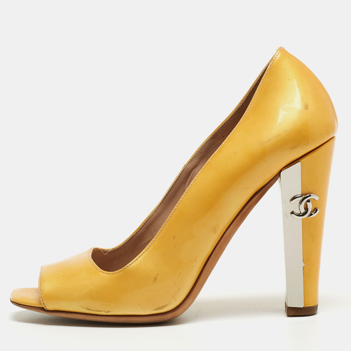 Chanel Yellow Patent Leather Peep Toe Block Heel Pumps Size Chanel Yellow Patent Leather Peep Toe Block Heel Pumps Size