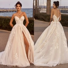 Simple A-Line Wedding Dresses Strapless Side Slit Lace 3D Flowers Bridal Gowns
