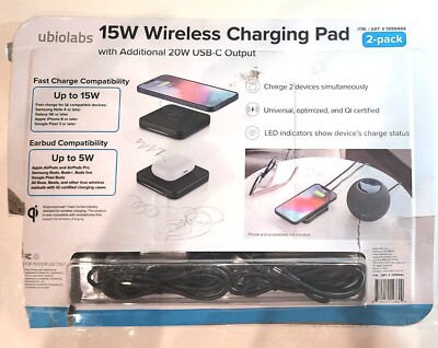 Ubio Labs 15W Wireless Charging Pad 2Pk w/Additional 20W USB-C Output Qi  Certifi