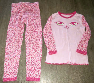 girls THE CHILDRENS PLACE size 5 pink cat LEOPARD PRINT PAJAMAS 2 PC SET face