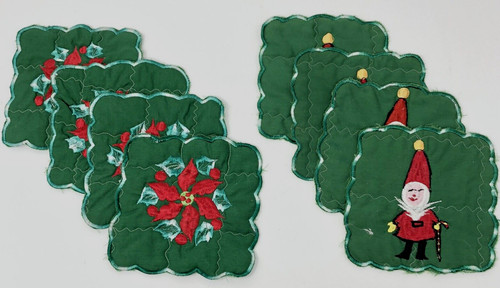 Vintage Christmas Coasters Embroidered Quilted Kitschy Poinsettia Santa Lot of 8