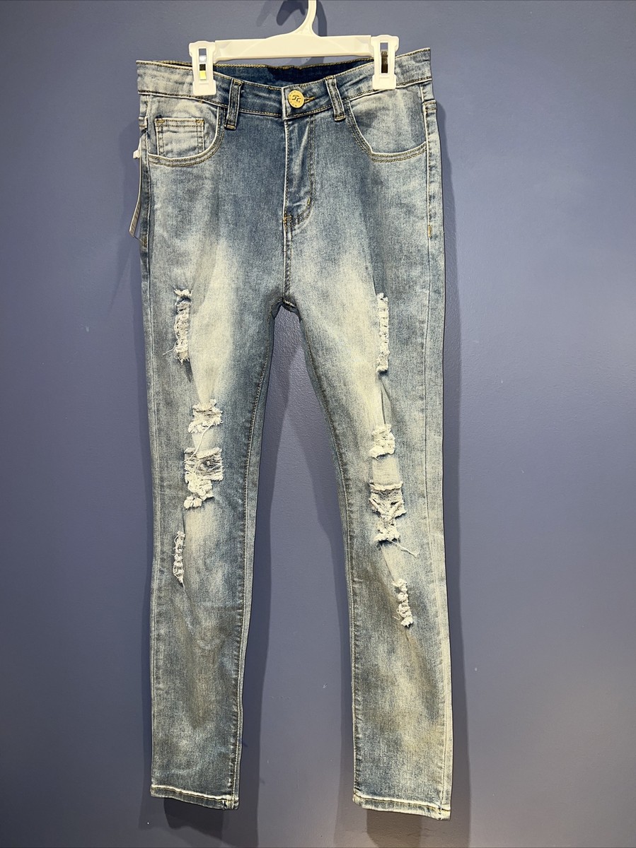 HUNGSON Mens Stretchy Ripped Skinny Biker Jeans Taped Slim Fit