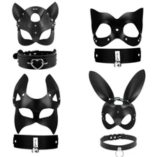 Women PU Leather Costume Bunny Fox Mask with Choker Set Props Cosplay Halloween