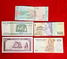 MIXED LOT 5 DIFFERENT WORLD PAPER MONEY BANKNOTES CURRENCY FOREIGN  UNC