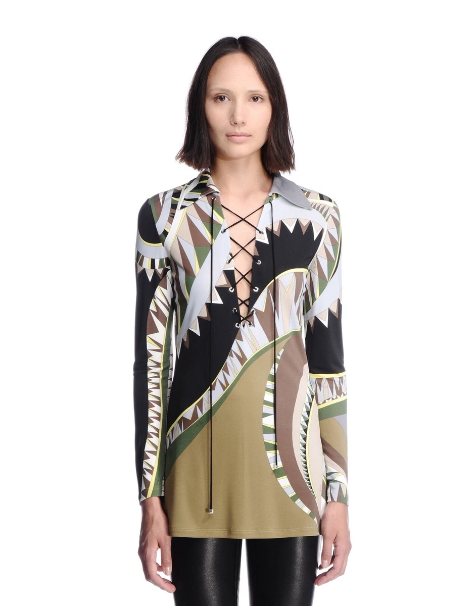 Emilio Pucci Military Green Niki Print V-Neck Lace up Blouse Italy  