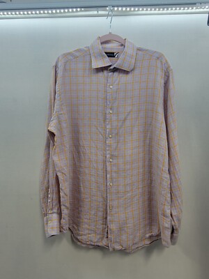 Saks Fifth Avenue Mens Button Up Shirt Sz 17 Linen Purple Orange Plaid 3613